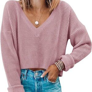 MIROL Women's Waffle Knit Cropped Top V Neck Long Sleeve Pullover Sweater Casual